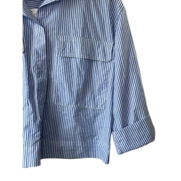 Ann Taylor LOFT Blue & White Stripe Long Sleeve Button Up Shirt Pockets M New - Picture 3 of 5